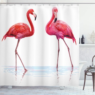 ABAKUHAUS Flamingo Duschvorhang, Exotische Flamingos on Sea, Stoffliches Gewebe Badezimmerdekorationsset mit Haken, 175 x 200 cm, Orange Lavendel
