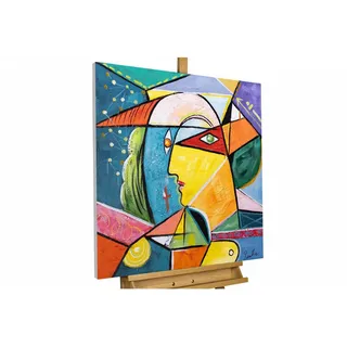 Kunstloft Acrylbild, Mehrfarbig, Gelb, Orange, Rot, Grün, Blau, Violett, Textil, Holz, Quadratisch, 80x80 cm, Handmade Quality, handgemalt, Bilder und Zubehör, Wandbilder, Leinwandbilder