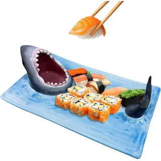 Sushi-Teller, Keramik-Boot-Serviertablett mit Dip-Sauce und Essstäbchenablage, Fisch-Servierplatte, lustige Hai Platte für Küche, Restaurant, Ge... - Blau