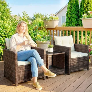 Outsunny Rattan Bistroset 3-tlg. Cremeweiß/Braun