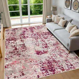 FTCJWL Boho Vintage Teppich 120x170cm Beere Grau Kurzflor