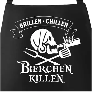 MoonWorks Grillschürze Grill-Schürze für Männer mit Spruch Grillen Chillen Bierchen Killen Pirat Skull Bier Spruch lustig Baumwoll-Schürze Küchenschürze Moonworks®, mit kreativem Aufdruck schwarz