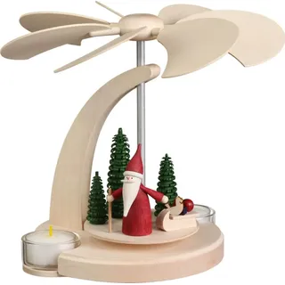Seiffener Volkskunst Weihnachtspyramide Bogenpyramide | 18 cm Pyramide | Moderne Volkskunst aus dem Erzgebirge | 16264 | Weihnachtswichtel mit Schlitten