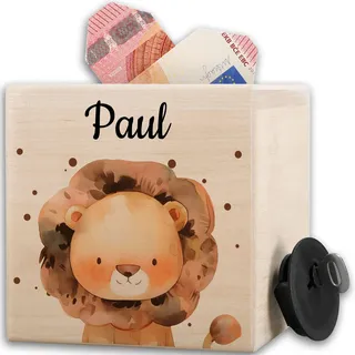 Holz Spardose Süßer Löwe personalisiert I Löwen Spardose Holz Kinder mit Name I Taschengeld Sparbüchse Löwe I Kindermotiv Löwe I König der Tiere I Lion I Leo - 10x10cm - Holz - löwe.