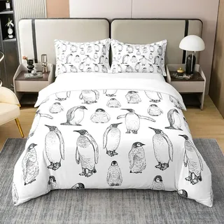 100% Gewaschene Baumwolle Pinguin Bettwäsche Set 200x200,Antarktis Tier Bettbezug für Kinder Jungen Mädchen Kinder,Winter Thema Tröster Abdeckung Pinguin Skizze Quilt Cover Dekorativ,Grau Weiß