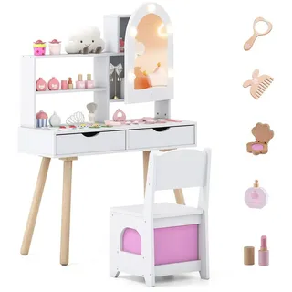KOMFOTTEU Schminktisch, Kinderschminktisch mit LED Spiegelschrank, Hocker, 2 Schublade weiß
