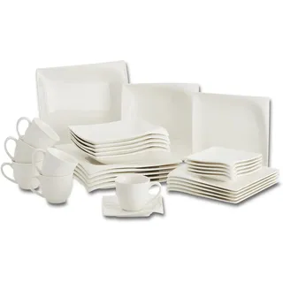 Peill+Putzler Germany, Kombiservice für 6 Personen Porzellan 30-teiliges eckiges Geschirrset weiß, geschwungenes Design 6xDessertteller 6xKaffeetassen 6xKaffeeuntertassen 6xSpeiseteller 6xSuppenteller