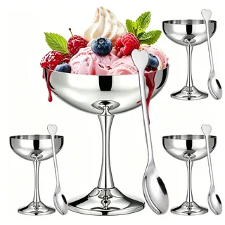 4 Stück Eisbecher Edelstahl 270ml mit 4 Edelstahl Löffel, Ø 10.5cm Dessertschalen mit Fuß, Ice Cream Sundae Dessertgläser für Obst Salat Joghurt Fruchtpudding Dessert für Party Hochzeit und Küche