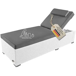 RS Trade Sonnenliege Gartenliege wetterfest extra hoch auch für Senioren – Polyrattan Outdoor mit Rollen, stabil & belastbar bis 200kg, XXL für Garten Terrasse Balkon, weiss Rattan, mit grauer Auflage