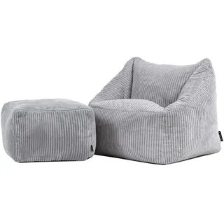 Icon Natalia Sitzsack Kinder mit Hocker, Grau, Flauschiger Cord Stoff, Sitzsack Cord mit Füllung, Bequemer Kinder Sessel, Kuschelsessel, Lese Sessel, Schlafzimmer, Kinderzimmer, Spielzimmer