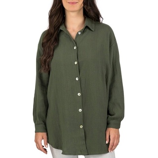 DENIMFY Hemdbluse Damen Bluse DFMathilda Oversize Fit Basic Musselin Hemd aus 100% Baumwolle grün S/M