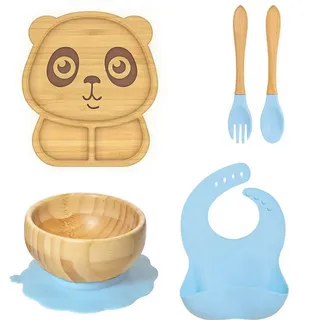 Kindergeschirr-Set Panda Baby-Geschirrset 5 teilige aus Bambus Blau (5-tlg), 1 Personen, Bambus + Silicon blau