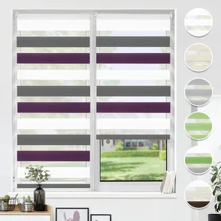HOMEDEMO Doppelrollo Klemmfix ohne Bohren & mit Bohren, Rollos für Fenster und Tür, 35x150cm (Stoffbreite 35cm, Weiss-anthrazit-aubergine), Duo Rollo Klemmrollo lichtdurchlässig, Sichtschutz