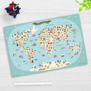 Schreibtischunterlage Kinder und Erwachsene – “Weltkarte“ – aus erstklassigem Vinyl (Kunststoff) – 60 x 40 cm – Rutschfeste Schreibunterlage mit bestem Schutz – Made in Germany