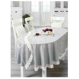 Peyer Syntex Tischdecke Transparente Tischdecke Schutzdecke Tischschutz mit weißer Spitze Oval - 140 cm x 190 cm