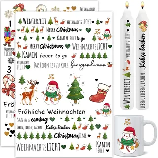 Kerzentattoos Weihnachten, Rub on Sticker Christmas, Kerzen Tattoo Folie Farbe DIY Kerzensticker für Adventskerzen und Keramik A4 Bogen DIY Stickerbogen