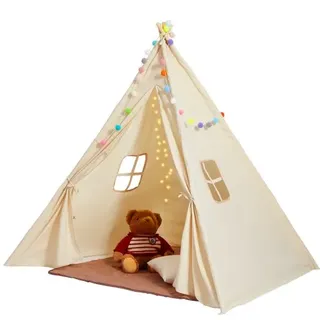 Spielzelt Kinder, Tipi-zelt Für Kinder 1–5 Jahre, Kleinkinderzelt Mit Matte Und Dekorativen Plüschbällen, Zelt Für Kinder Mit Fenstern Für Drinnen & Draußen Beige