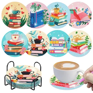 8 Stück Diamond Painting Untersetzer, 5D Diamant Tassenuntersetzer | Mit Halter,Diamond Painting Erwachsene zum Basteln,DIY Untersetzer rutschfest,Anfänger,Erwachsene & Kinder 10x10cm