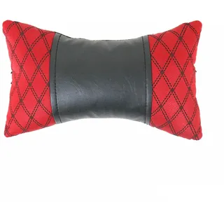 KFZ Auto Kopfstütze Sitzkissen Nackenstütze Textil & Leder 8x30 cm (Rot Schwarz)