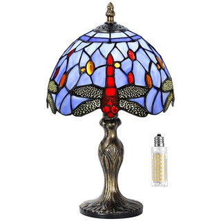 MIAOKE Tiffany Style Tischlampe, VintageTischlampe Handcraft Glasmalerei Lampenschirm Tischlampen für Schlafzimmer Nachttischlampe Arbeitszimmer Office (Blaue Libelle)
