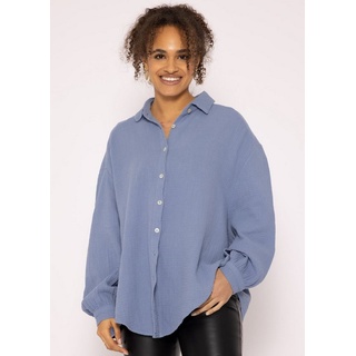 SASSYCLASSY Longbluse Oversize Musselin Bluse Damen Langarm Hemdbluse lang aus Baumwolle mit V-Ausschnitt, One Size (Gr. 36-48) blau