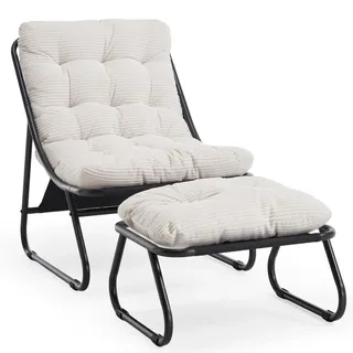 Loungesessel mit Ottoman, Liegestuhl & Relaxsessel aus Stahl, mit separatem Kissen und rutschfesten Fußpolstern – Outdoor Gartenstuhl für Entspannung im Freien, Garten & Balkon (Cremeweiß, Cord)