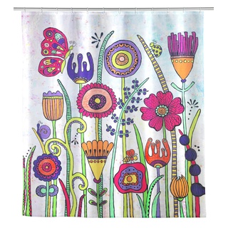 WENKO Duschvorhang Rollin'Art Full Bloom, wasserabweisende Textil-Duschabtrennung aus 100 % Polyester mit Blumenwiese-Motiv & Gewichtsband, waschbar bei 30°C, inkl. 12 Duschvorhangringen, 180 x 200 cm