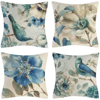 OCEUMACO Leinen Kissenbezug 50x50 Blau Blumen Vogel Kissenhülle 4er Set Quadratisch Dekokissen Sofakissen Bezug für Couch Frühling Vögel Muster Kissen Kissenbezüge Deko Zierkissen Couchkissen