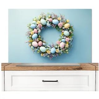 KitchenYeah Küchenrückwand Kranz - Eier - Blumen, (1-tlg), Küchenrückwand, Küchen Zubehör, 100x65 cm blau 100 cm x 65 cm