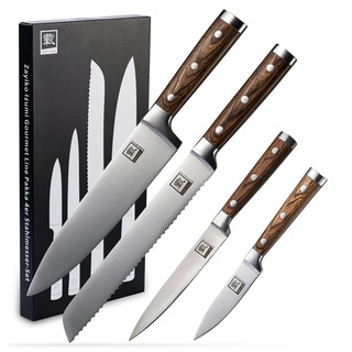Zayiko 4er Messer-Set - Klingenlängen von 8,80 cm bis 20,00 cm Profi Kochmesser aus deutschem Stahl mit Pakkaholzgriffen und Geschenkbox Serie IZUMI