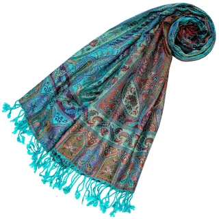 Lorenzo Cana - Pashmina Schal Schaltuch, Stola aus Naturfaser, opulentes Paisley Muster in harmonischen Farben, mit Fransen Damenschal Frauenschal, 70 x 200 cm - 78599 - 70 x 200 cm
