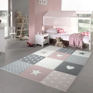 Kinderzimmer Teppich Spiel & Baby Teppich Herz Stern Punkte Design in rosa weiß grau Größe - 200 x 290 cm - Rosa