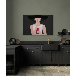 A.S. Création Leinwandbild Frau mit Cocktail und Mauerwerk - Kunstdruck Rot Schwarz Weiss - 120x80 cm Querformat - Moderne Wanddekoration Schlafzimmer Wohnzimmer - Bild auf Keilrahmen