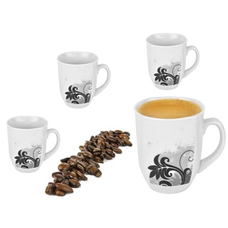 Van Well 4er Set Kaffee-Becher 330 ml I Marken-Porzellan-Tassen in Weiß I Kaffee-Tassen-Set für 4 Personen I Kaffee-Tasse mit Henkel mikrowellengeeignet I Kaffee-Service in Black Flower-Dekor