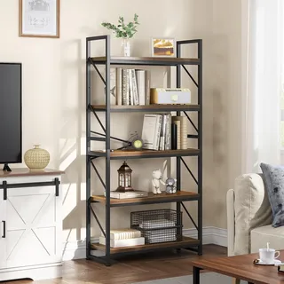 YITAHOME Bücherregal mit 5 Ebenen, industrielles Bücherregal, großes freistehendes Bücherregal, Holzregal und Metallrahmen, Regal, Präsentationsregal für Wohnzimmer, Heimbüro, rustikales braunes