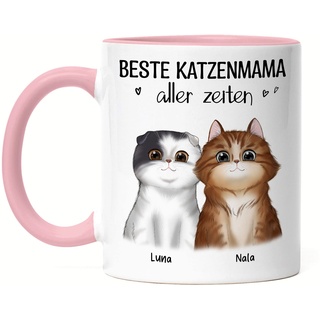 Kiddle-Design Katzenbesitzer Tasse Rosa Personalisiert Geschenk Katzenmama Katzenliebhaber Katzenmotiv Spruch Name Katzenfreund Haustier 2 Katzen