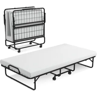 FANTASK Klappbett mit Matratze, Gästebett klappbar mit Lattenrost aus Metall & 10 cm Dicker Schaumstoffkernmatratze, Reisebett bis 180 kg mit Rollen & stabilem Metallrahmen, Weiß