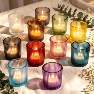 10 Stück Teelichthalter Glas 6,5 x 5,5cm Teelichtgläser Bunt | Gerippte Dickeres Höheres Hitzebeständig Winddicht für Hochzeiten Geburtstagsfeiern Weihnachten Halloween Ostern Tischdeko