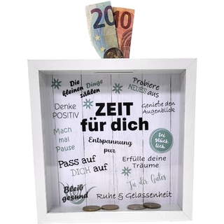 BUSDUGA 4367 Sparkasse Bilderrahmen Zeit für Dich, 20x20x5cm, Spardose Geldgeschenk (Weiß)