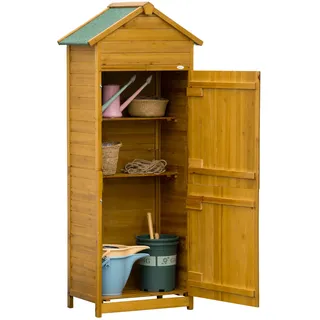 Outsunny Gartenschrank Holz Wetterfest Doppeltür 79x49x191,5cm Naturholz | Geräteschrank, Gerätehaus mit Satteldach, Böden, Gartenschuppen Geräteschuppen Werkzeugschrank, für Terrasse Garten