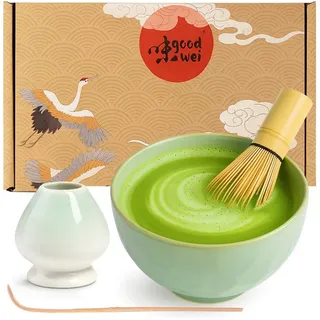 Goodwei Teeservice Matcha Teezeremonie Set "Hasnunomi" mit Teeschale, Besen und Halter (4-tlg), 1 Personen, Keramik, handgearbeitet grün