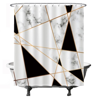 Ulticool Duschvorhang - Marmor Geometrische Figuren - 180 x 200 cm - waschbar - Anti Schimmel - mit 12 Ringen - Weiß Schwarz Gold