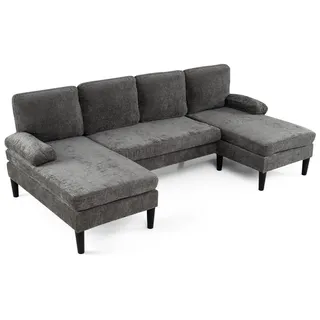 COSTWAY Ecksofa mit Schlaffunktion, U-förmige Couch für 5-6 Sitzer, Sofa aus Cordstoff, Schlafcouch mit Armlehnen, Wohnlandschaft, Schlafsofa, Grau - Grau