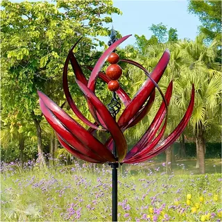 Windspiel Garten Metall, Lotus Windrad Gartenstecker Mit Kugellagern, Wetterfest Und Standfest Windmühle Metall Windräder Wind Spinner, Windspiel Stehende Gartendeko für Garten Rasen Terrasse (Rot)