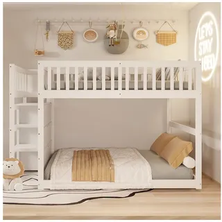 IDEASY Etagenbett 140 x 200 cm,mit 4 Schubladen,Holzbett (140 x 200 cm,mit 4 Schubladen,Holzbett), Sicherheits-Etagenbett mit Staufach, hohes Zaun-Design weiß