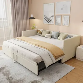 Ausziehbares Schlafsofa 90/180 x 200 cm mit Lattenrost, 2-Sitzer-Schlafsofa, Samt, beige - Beige