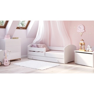 Dmora Einzelbett für Kinder, Kinderbett mit Kommode und Absturzsicherung, mit rundem Kopfteil, cm 164x88h63, Farbe Weiß