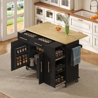 FammyLoft Kücheninsel mit Rollen, Mobile Küchenschrank mit Klappbarer Arbeitsplatte, Küchenkommode mit Handtuchhalter & 2 Schubladen, Küchen Sideboard, für Esszimmer, 120cm, Schwarz