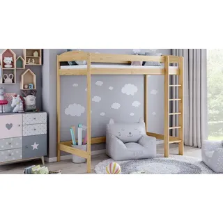 Hochbett 180 Kinderbett aus Kiefernholz für Mädchen und Jungen, 80 x 180 cm, Höhe 180 cm, Meble Wróbel, Naturbelassen
