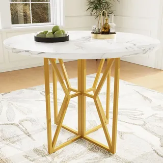 Sweiko Runder Esstisch (80 x 80 x 76 cm), leichter und r runder Tisch für 4-6 Personen, geeignet für Esszimmer und Wohnzimmer, goldene Beine, mar... - Gold